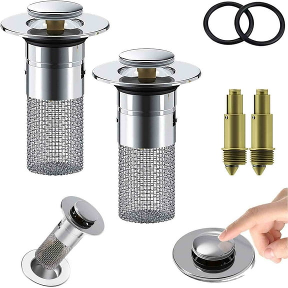 2 Pcs Bathroom Sink Drain Stopper for US Universal Replacement, Pop Up Drain for Bathroom Sink with Stainless Steel Filter Basket Hair Catcher, Sink Drain Strainer (Built-in Plastic Core)