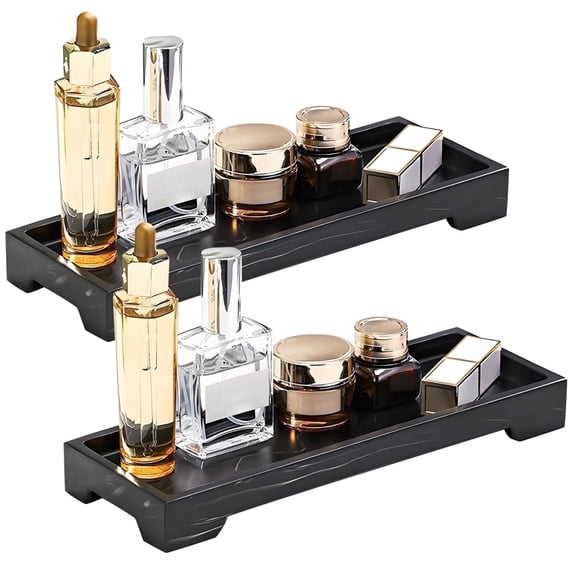 2 Pack Black Marble Silicone Aromatherapy Trays - Non-Slip Vanity & Counter Organizer | Bathroom Rectangular Tray Organizers with High Edged & Raised Bottom for Jewelry, Keys, Makeup