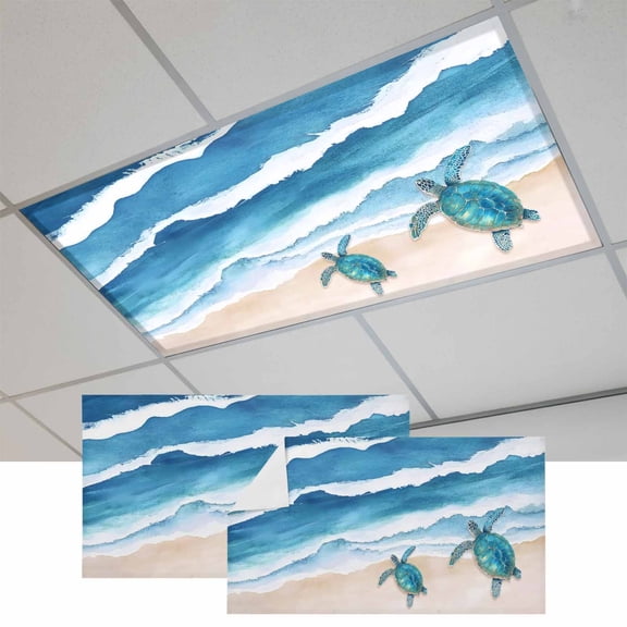 2 Pcs Beach Ocean Fluorescent Light Covers Blue Waves Abstract Turtle Magnetic Light Covers for Ceiling Lights 4 x 2 ft Drop Ceiling Lights Cover Shade for Office, Home, Hospital