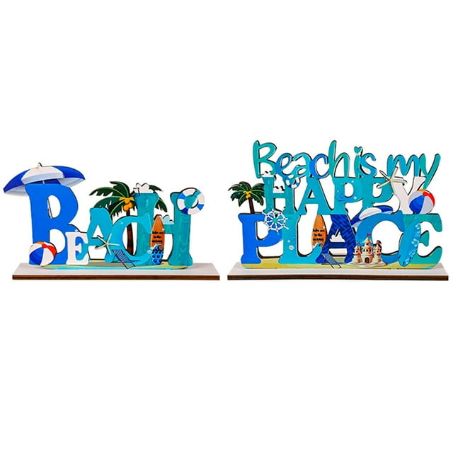 2 Pcs Beach Sign Ocean Sea Animal Party Decor Beach is My Happy Place Plaque Sign Wooden Table Decorations for Coastal Theme Interior Beach House Home Beach Bathroom Decor, 7.9 x 5.1Inch
