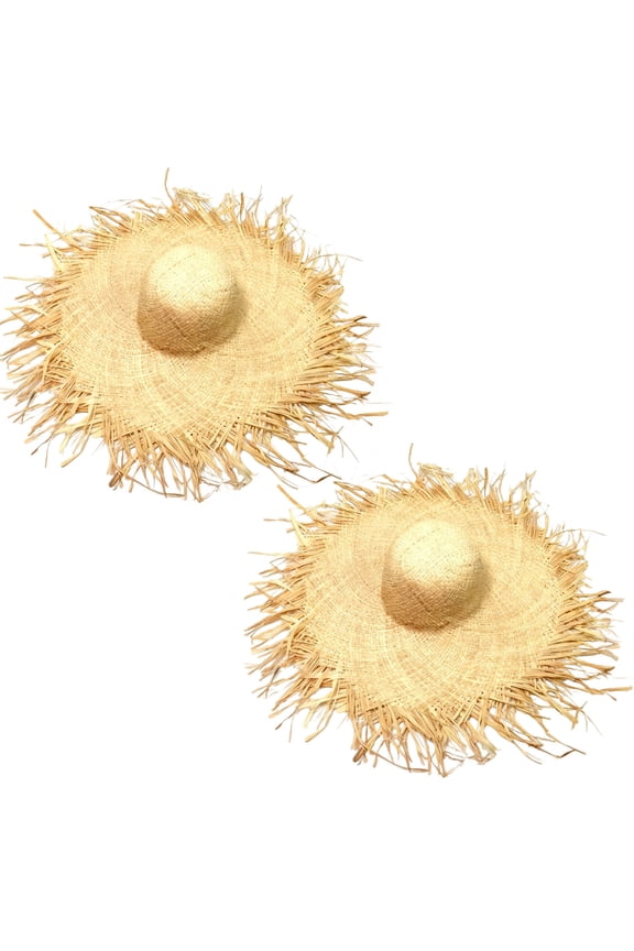2 Pcs Beach Straw Hat for Women, Large Wide Brim Raffia Straw Hat, Sun Protection Hat, Dome Raffia Hat with Frayed Edges, Yellowish-brown