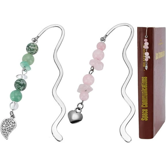 2 Pcs Bead Chain Book Marks with Green Aventurine & Rose Quartz Silver & Platinum Alloy Bookmark Pendant Hook Bookmarks Reading Accessories for Teacher Reading Lover