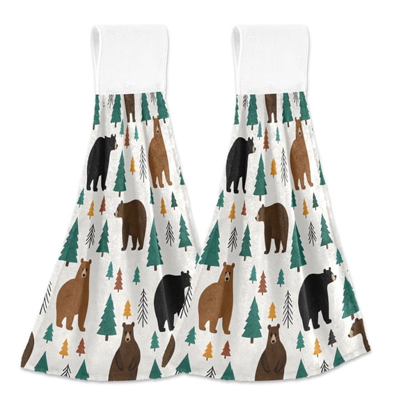 2 Pcs Bear Forest Kitchen Hand Towels with Hanging Loops Absorbent Soft Fast Drying Decor Bath Towels