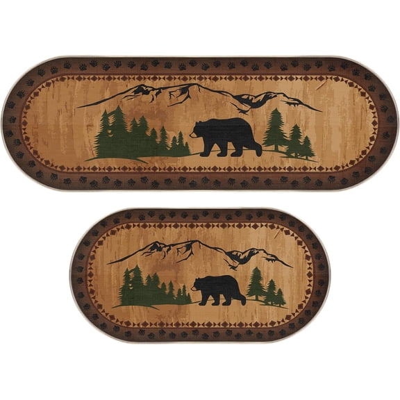 2 Pcs Bear Non Skid Rug Rustic Lodge Theme Area Rug with Bear and Cub Scene Cabin Rug Bear Farmhouse Rug Winter Kitchen Cabin Rug Christmas Bear Decor for Home Bathroom Bedroom Living Room
