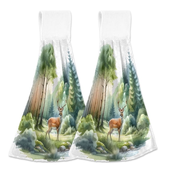 2 Pcs Beautiful Deer in Forest Kitchen Hand Towels with Hanging Loops Absorbent Soft Fast Drying Decor Bath Towels