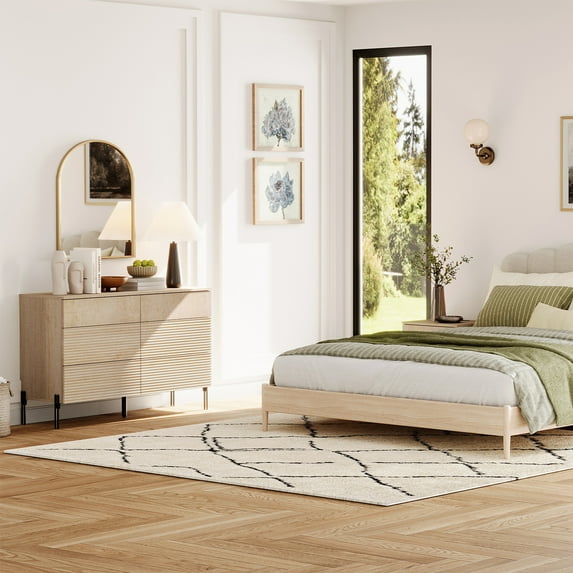 2 Pcs Bedroom Set, 6 Drawer Dresser And Nightstand Set with Minimalist Reeded Design, Oak Double Dresser With Hidden Handles