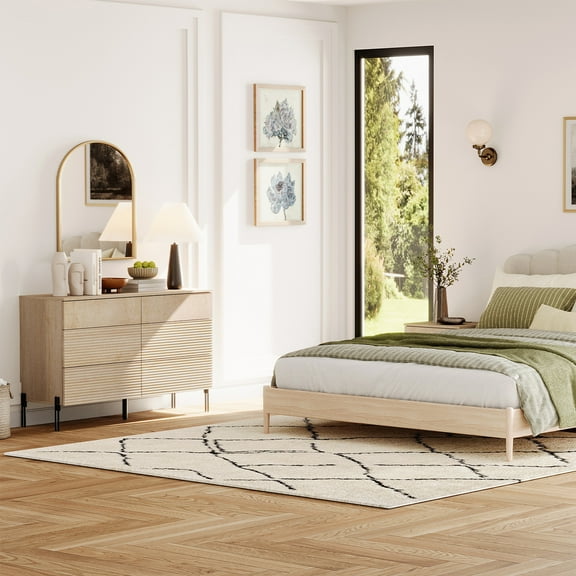 2 Pcs Bedroom Set, 6 Drawer Dresser And Nightstand Set with Minimalist Reeded Design, Oak Double Dresser With Hidden Handles