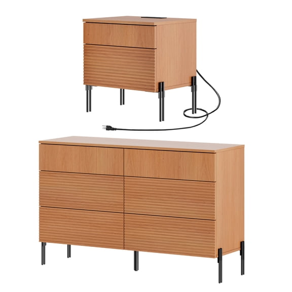 2 Pcs Bedroom Set, 6 Drawer Dresser And Nightstand Set with Minimalist Reeded Design, Oak Double Dresser With Hidden Handles