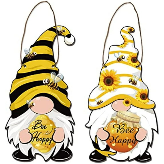 2 Pcs Bee Gnome Wooden Sign Bee Happy Home Hanging Decor Bumble Bee Door Sign Gifts Farmhouse Wall Hanging Plaque with Jute Twine for Farmhouse Living Room Decor About 5.6"11.8"
