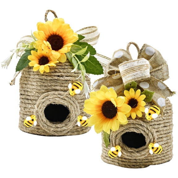 2 Pcs Bee Hive Wall Decor, Bee Hive Decorations with Sunflower Accents, Yellow Decor, Handcrafted Jute Rope Hanging Charm, Rustic Natural Theme, Easy to Hang, 12 cm x 10 cm/4.7 in x 3.9 in