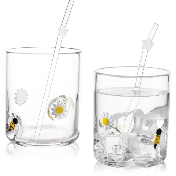 2 Pcs Bee Icon Juice Glasses with Straws 14 oz Cute Pattern Stemless Juice Glass Cups for Tea Water Coffee Parties Gifts