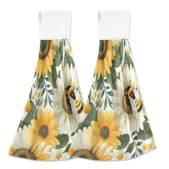2 Pcs Bee and Sunflowers Kitchen Hand Towels with Hanging Loops Absorbent Soft Fast Drying Decor Bath Towels