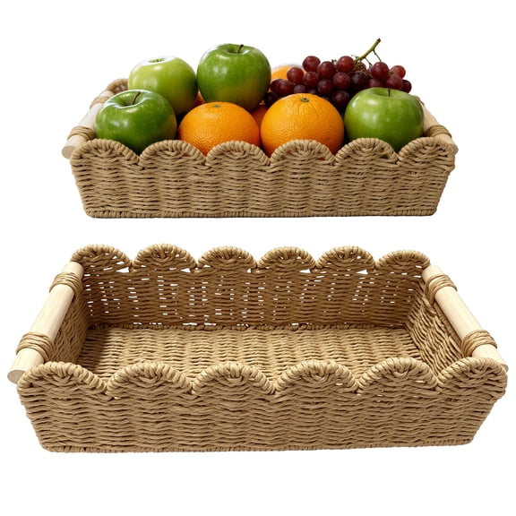 2 Pack Beige Paper Rope Storage Basket Set – Hand‑Woven Scalloped Organizer Bins with Wooden Handles, Decorative Nesting Wicker Tray for Desktop, Fruit, Snacks & Toiletries, Large & Small