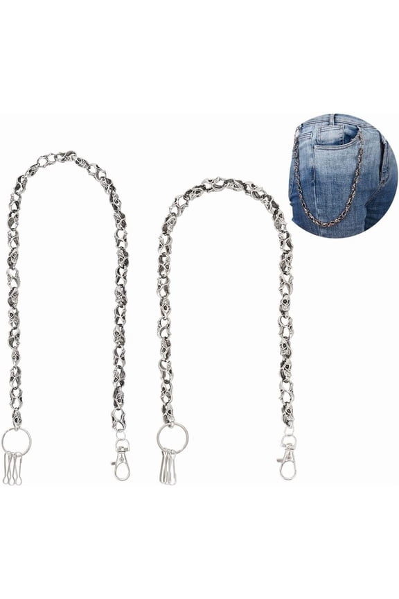 2 Pcs Biker Wallet Chain 2 Styles Zinc Alloy Link Chain Waist Belt Silver Punk Gothic Pocket Chain for Men Belt Loop Purse and Wallet