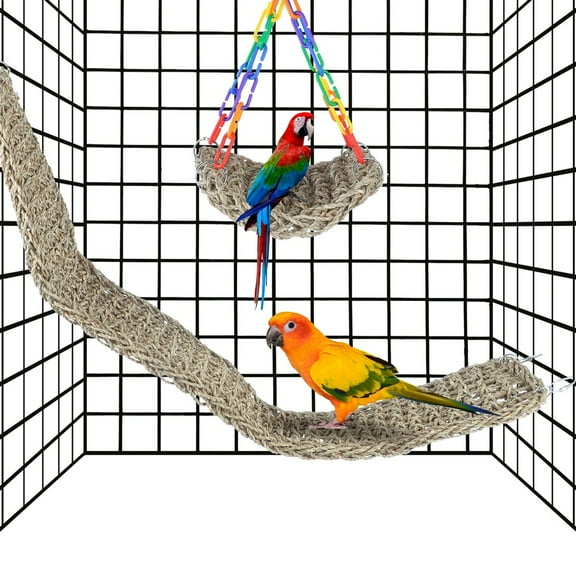 2 Pcs Bird Seagrass Mats, 397.3in Natural Seagrass Woven Net and 7.57.5" Square Net, Bird Hammock Mats with Hooks, Climbing Rope Ladders, Cage Chew Toys for Cockatiel, Hamster