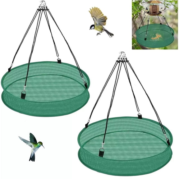 2 Pcs Bird Seed Catcher Tray, 20 x 3.9 in / 50.8 x 10.5 cm Green Hanging Bird Feeder Platform with Adjustable Height, Long-Lasting Nylon Mesh Birdseed Round for Outdoor Garden