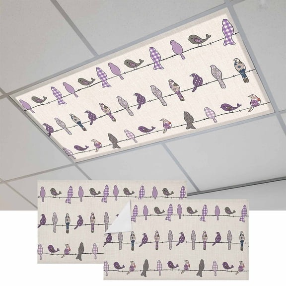 2 Pcs Birds on the Wire Purple Grey Burlap Background Fluorescent Light Covers Magnetic Light Covers for Ceiling Lights 4 x 2 ft Drop Ceiling Lights Cover Shade for Office, Home, Hospital