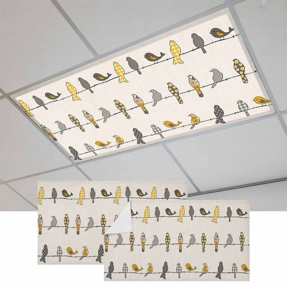 2 Pcs Birds on the Wire Yellow Grey Orange Burlap Background Fluorescent Light Covers Magnetic Light Covers for Ceiling Lights 4 x 2 ft Drop Ceiling Lights Cover Shade for Office, Home, Hospital