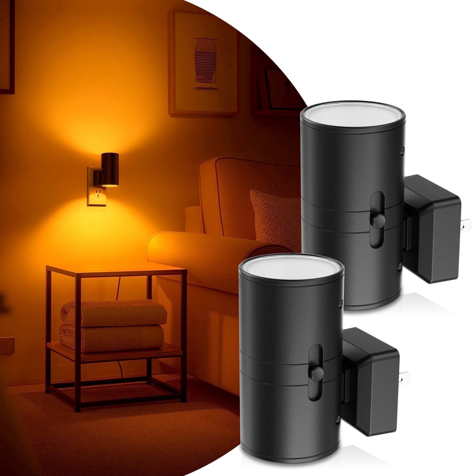 YANSUN 1W Integrated LED Plug in Night Light, Amber 2000K, Black Cylindrical Shape, Dimmable Modern Night Light with Light Sensor for Bedroom or Hallway 2-Pack