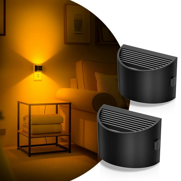 YANSUN 2-Pack 1 W Plug-in Wall Sconce Night Light, Black with Warm Amber Glow, Auto On/Off Sensor & 3-Level Dimmable, for Hallway, Bedroom, Stairs