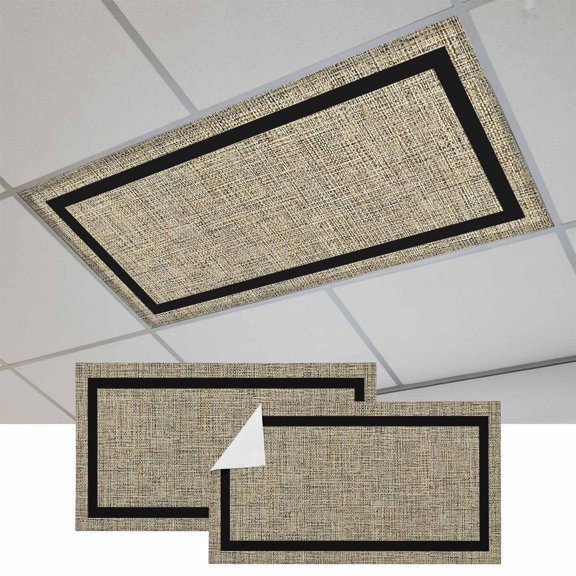 2 Pcs Black Border Fluorescent Light Covers Farmhouse Burlap Weave Texture Beige Magnetic Light Covers for Ceiling Lights 4 x 2 ft Drop Ceiling Lights Cover Shade for Office, Home, Hospital