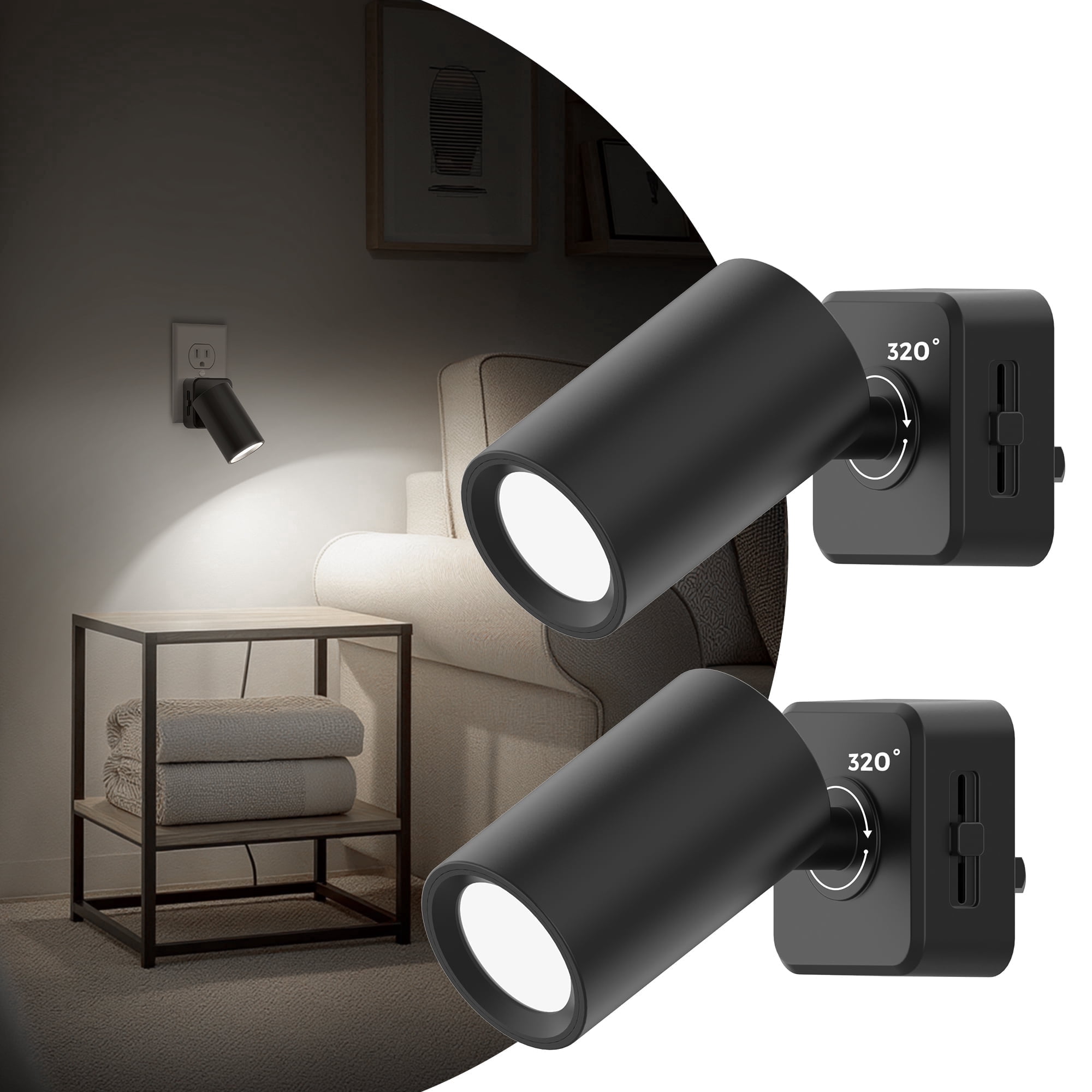 YANSUN 1W Integrated LED Plug-In Night Light, Dusk to Dawn Sensor, Black 5000K White, Rotatable Cylinder, Up & Down Beam for Bedroom Hallway 2-Pack