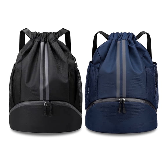 2 Pcs Black Drawstring Gym Bag for Men & Women, Waterproof Drawstring Swim Bag with Shoe Compartment, Small Beach Sports Backpack for Soccer, Basketball, Volleyball