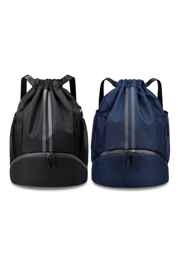 2 Pcs Black Drawstring Gym Bag for Men & Women, Waterproof Drawstring Swim Bag with Shoe Compartment, Small Beach Sports Backpack for Soccer, Basketball, Volleyball