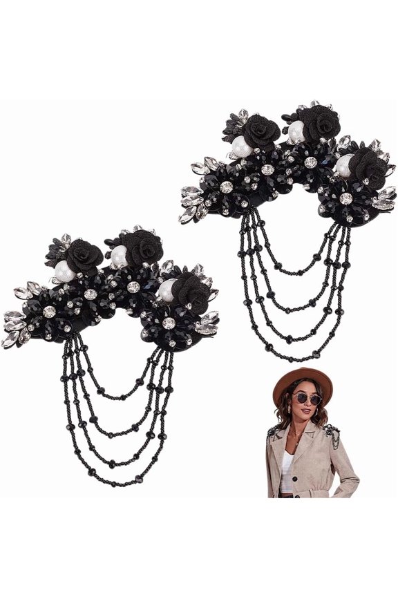 2 Pcs Black Fringe Shoulder Epaulette Rhinestones Appliques 6.8x5.5x0.7 inch Flower Fabric Colorful Rhinestones Applique Fringe Beads Sequins Patches Accessory Black DIY