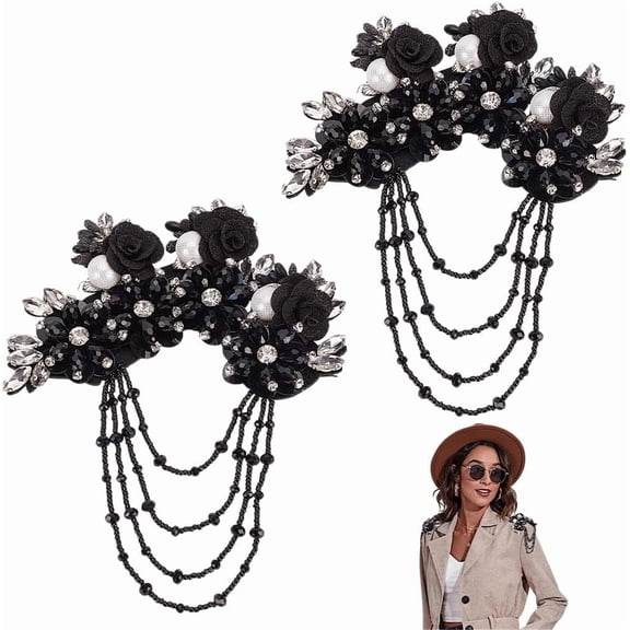 2 Pcs Black Fringe Shoulder Epaulette Rhinestones Appliques 6.8x5.5x0.7 inch Flower Fabric Colorful Rhinestones Applique Fringe Beads Sequins Patches Accessory Black DIY