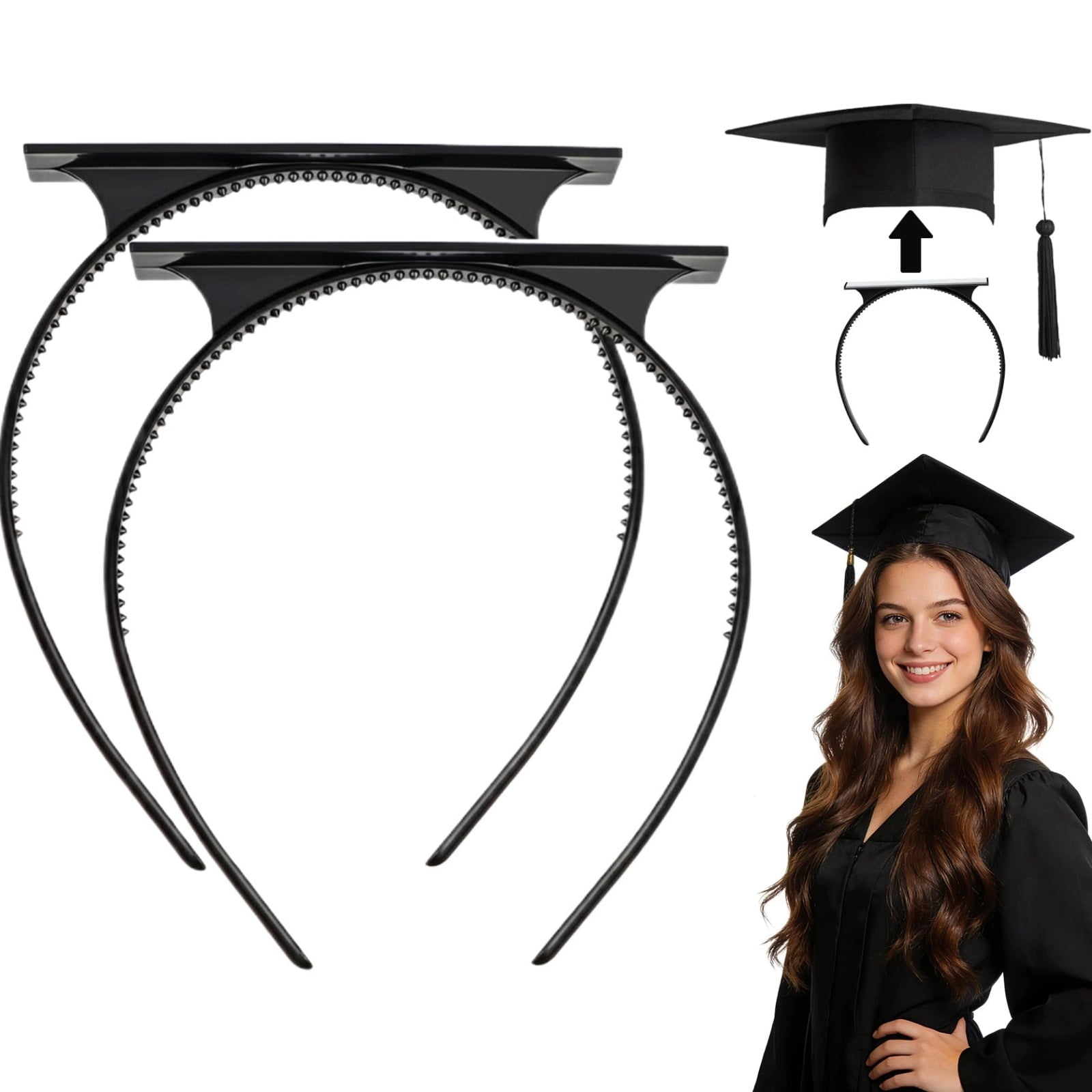 2 Pcs Black Graduation Cap Headband Insert, Anti-Slip Graduation Hat Holder for Curly Hair, Secure Fit Hairband Accessory, Keeps Hairstyle Natural and Stable