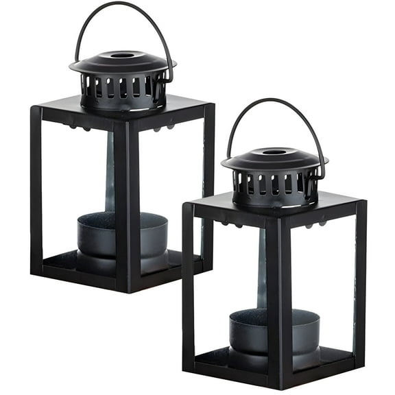 2 Pcs Black Metal Candles Lanterns - Rustic Hanging Candle Holders, Iron Frame Hanging Lanterns for Garden for Indoor/Outdoor, Vintage Square Glass Panel Lanterns with Hook (6.5 Inch