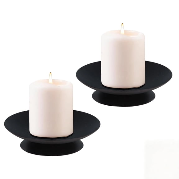 2 Pcs Black Metal Pillar Candle Plate, Round Candle Holder Tray, Stable Wax Drip Catcher for Table Mantel Centerpiece, Minimalist Decorative Candle Base