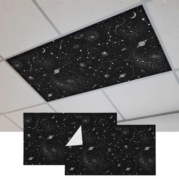 2 Pcs Black Night Sky Fluorescent Light Covers Mythical Ringed Planets Star Spiral Galaxies Goth Magnetic Light Covers for Ceiling Lights 4 x 2 ft Drop Ceiling Lights Cover Shade for Office, Home