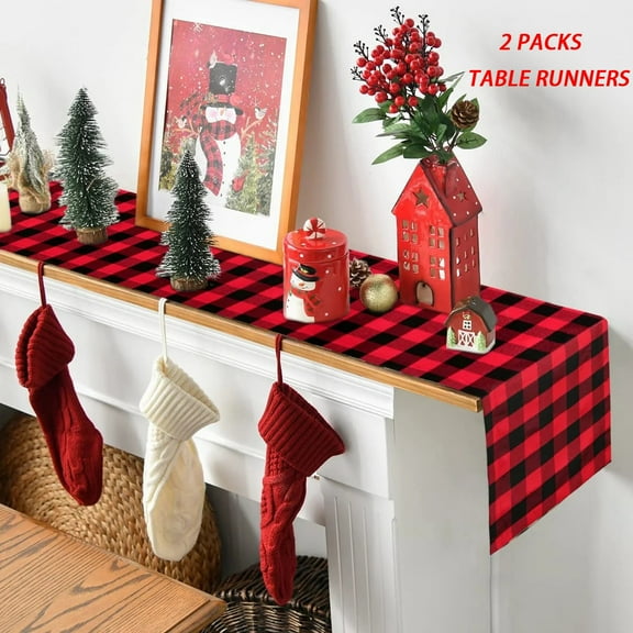2 Pcs Black Red Buffalo Plaid Table Runner 13x84 Inch Christmas Holiday Decor