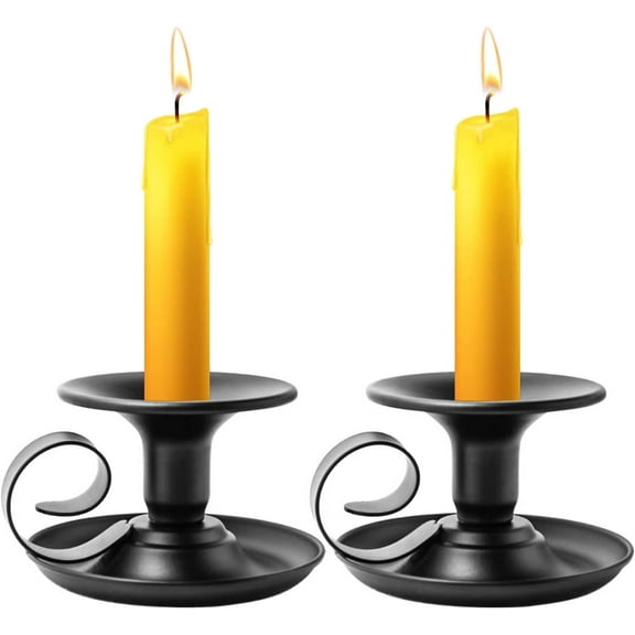 2 Pcs Black Vintage Cast Iron Taper Candle Holder with Handle Simple Ring Candle Stick Holder for Halloween Christmas, Wedding Dinner, Party Dinner, Family Event Table Decoration