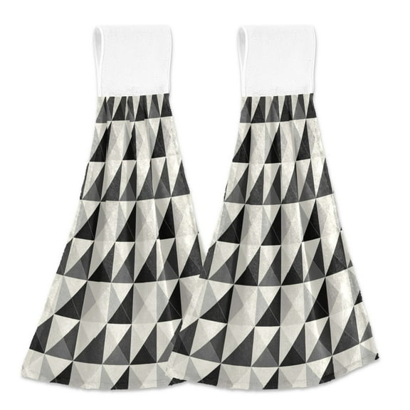 2 Pcs Black White Geometric Kitchen Hand Towels with Hanging Loops Absorbent Soft Fast Drying Decor Bath Towels