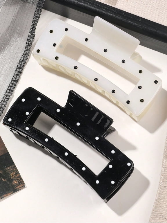 2 Pcs Black & White Polka Dot Shiny Large Square Hair Claw Clips For Casual Updo