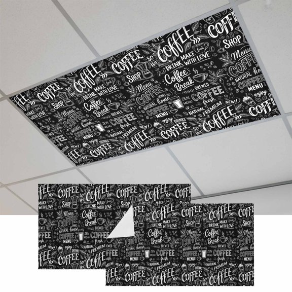 2 Pcs Black White Theme Fluorescent Light Covers Modern Bread Coffee Pot Milk Drink Minimalist Magnetic Light Covers for Ceiling Lights 4 x 2 ft Drop Ceiling Lights Cover Shade for Office, Home