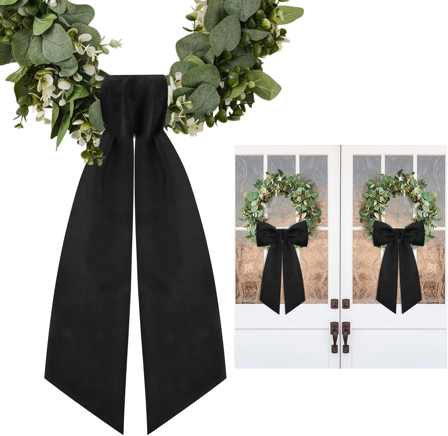 2 Pcs Black Wreath Sash for Front Door Linen Ribbon Bow Yard Porch Garland Home Decor