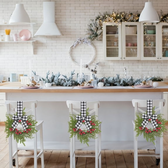 2 Pcs Black and White Checkered Mini Christmas Wreaths for Kitchen Cabinet Window Wall Norfolk Pine Holiday Farmhouse Decor 10.6 Inch