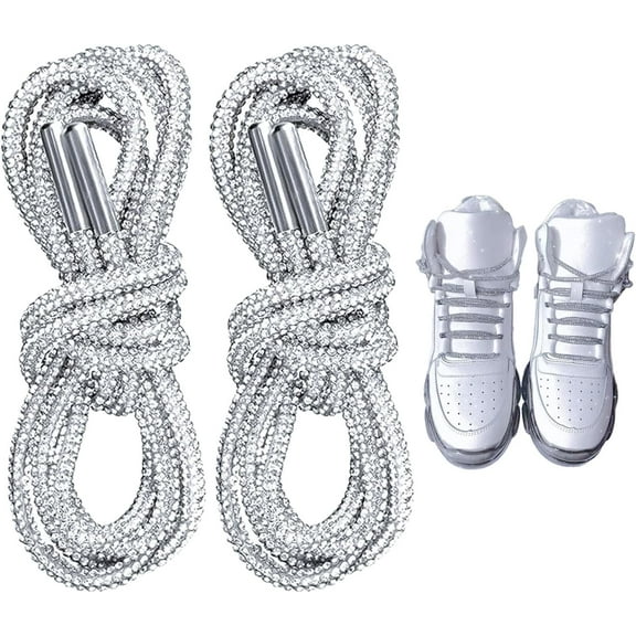 2 Pcs Bling Crystal Shoe Laces | Glitter Rhinestone Round Shoelaces for Women & Men | Sparkle Shiny Sneaker Laces Replacement (47 Inch, Silver)
