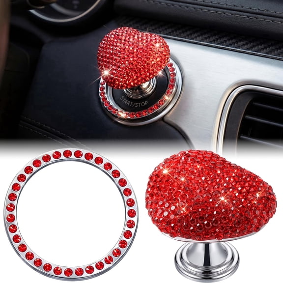 2 Pcs Bling Push to Start Button Cover Rhinestone Car Engine Start Ring, Heart Button Cover Crystal Decoration Set, Car Interior Accessories Sticker Decals for Women & Girl(Red)