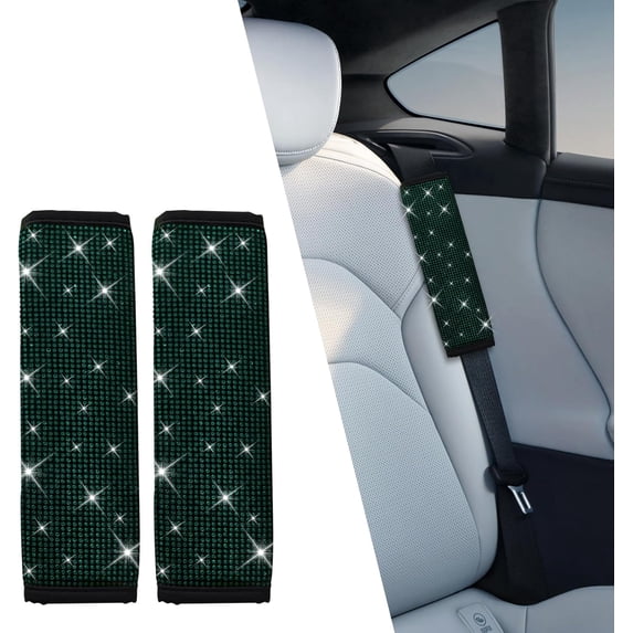 2 Pcs Bling Seat Belt Covers, Seat Belt Covers for Women, Car Seat Belt Shoulder Pads with Rhinestone, Car Interior Accessories Diamonds Glitter Seatbelt Cushions Universal Fit Auto Truck, Green