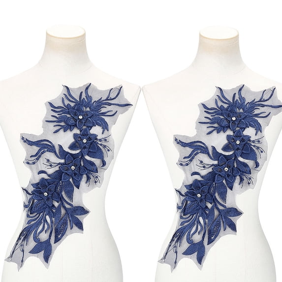 2 Pcs Blue Embroidered Floral Appliques Blue Flower Beaded Lace Applique 18.7x8.3 Inch Bridal Dress Embroidery Patches