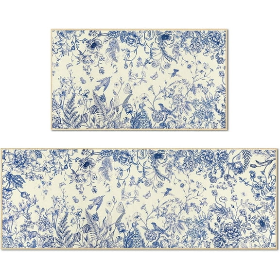 2 Pcs Blue Floral Kitchen Mat Set for Floor Spring Summer Branches Chinoiserie Cushioned Anti-Fatigue Kitchen Rug for Holiday Party Home Decor, 17 x 29 Inches, 17 x 47 Inches