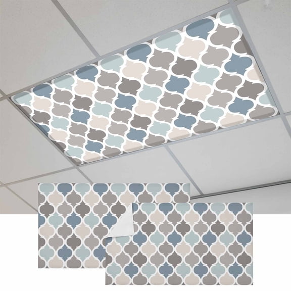 2 Pcs Blue Grey Fluorescent Light Covers Morocco Trellis Textured Modern Art Magnetic Light Covers for Ceiling Lights 4 x 2 ft Drop Ceiling Lights Cover Shade for Office, Home, Hospital