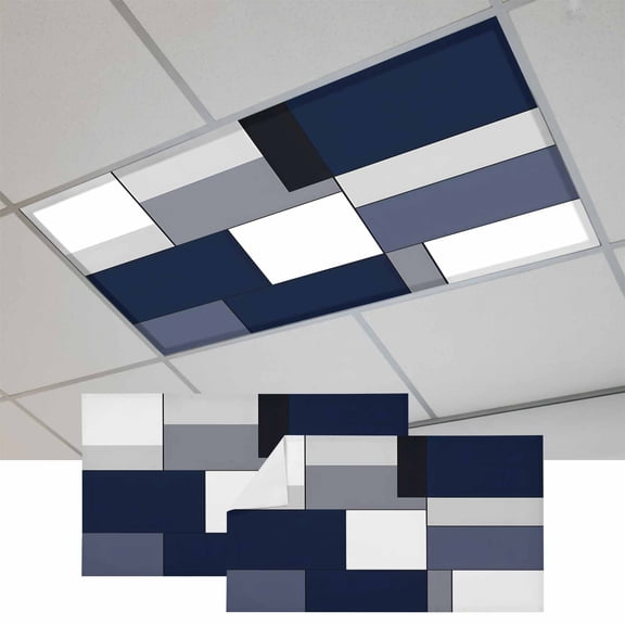 2 Pcs Blue Grey Patchwork Fluorescent Light Covers Abstract Geometric Art Magnetic Light Covers for Ceiling Lights 4 x 2 ft Drop Ceiling Lights Cover Shade for Office, Home, Hospital