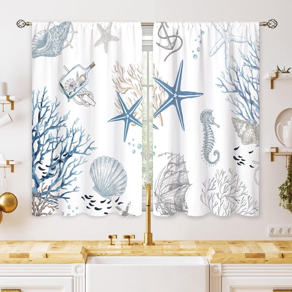 2 Pcs Blue Ocean Beach Kitchen Curtains, Nautical Coastal Starfish & Seashell Small Window Drapes, Underwater Theme Short Cafe Curtains for Bathroom Dining Room, 56x40 Inch