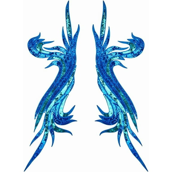 2 Pcs Blue Sequin Phoenix Tail Embroidered Appliques 27.8x10.8 Inch Peacock Feather Tail Flower Sewing Patches for Wedding Dress Evening Gown Hat Pillow Curtain Tablecloth Blue for diy making